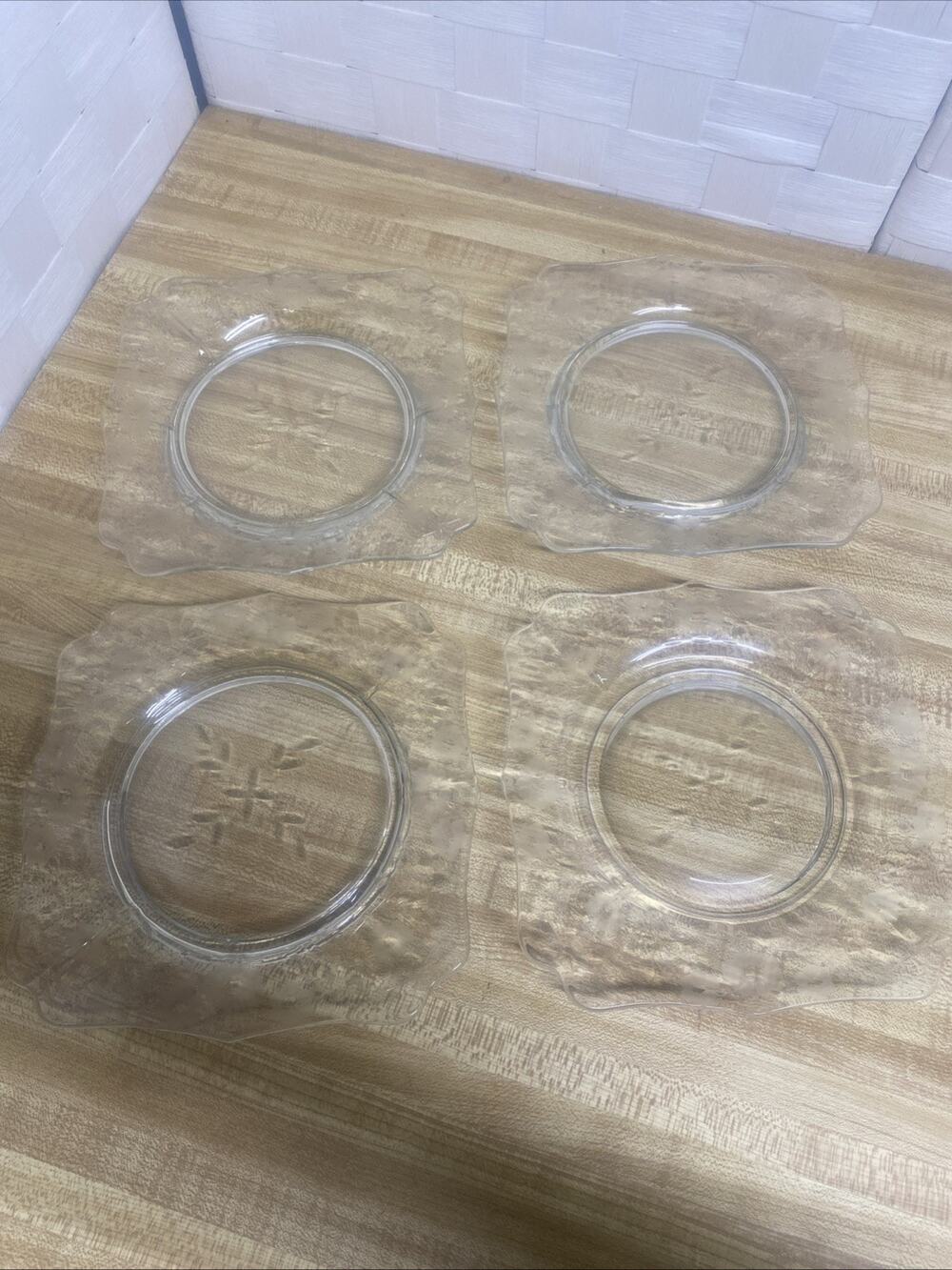 Set Of 4 Libbey Rock Sharpe Square Clear Glass Lunch Salad Plates 7” Floral Etch